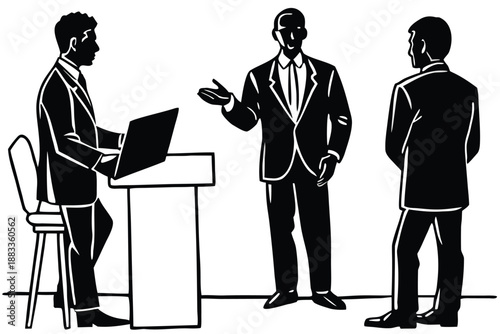 Three Businessmen in Suits Discussing Document at Podium