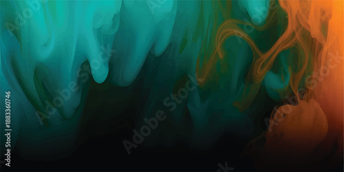 Abstract image of teal and orange ink swirling in water, creating a dynamic and colorful composition against a dark background