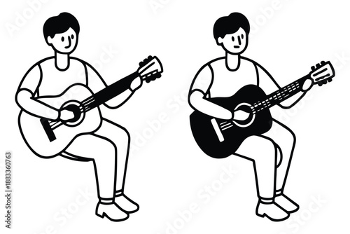 Two Stylized Black and White Musicians Playing Acoustic Guitars Seated guitar players line seated