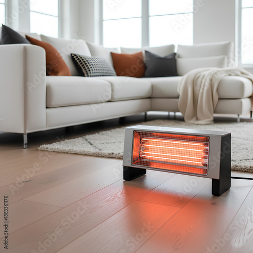 Wallpaper Mural Portable Electric Infrared Heater with Glowing Red Quartz Tubes Warming Up a Cozy Modern Living Room in Winter, Blanket and Orange Pillows on Sofa Torontodigital.ca