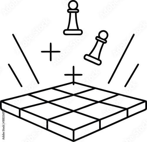 Holographic chessboard game line art vector illustration on transparent background
