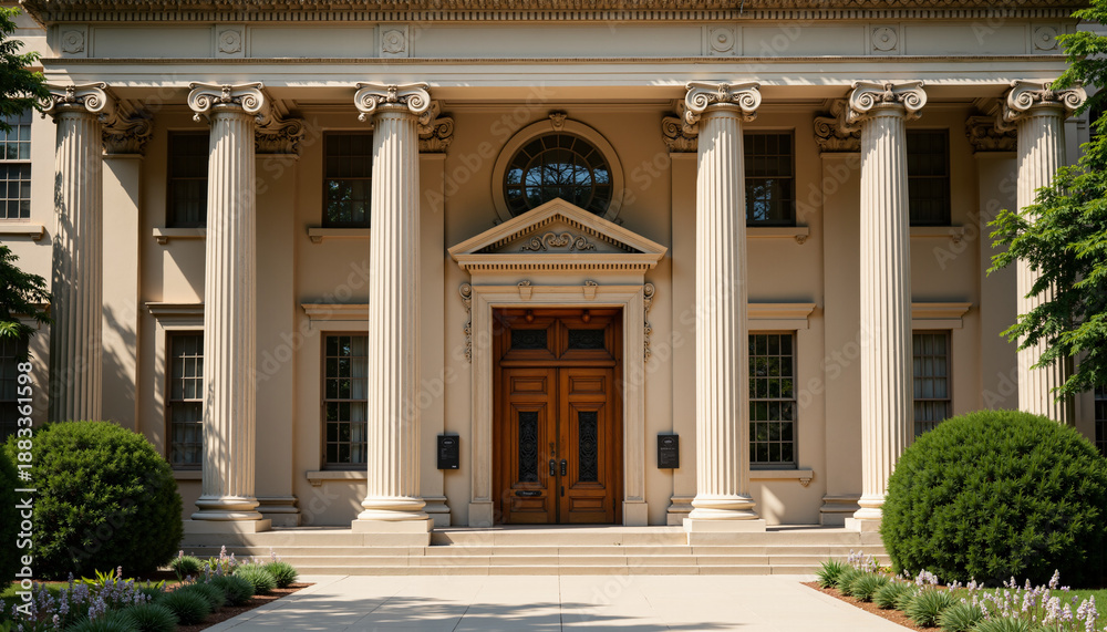 Obraz premium Elegant college Library entrance building entrance with decorative columns and greenery 