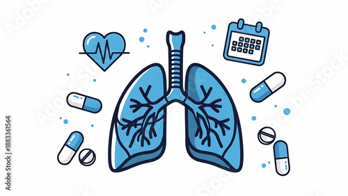 Illustration of human lungs with medical elements surrounding them in a healthcare context viewed from the front
