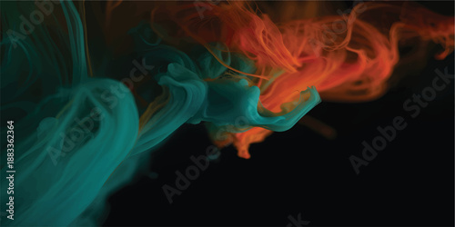 Vibrant swirl of red, orange, pink, and blue ink suspended in water against a black background, creating an abstract, smoky, and dynamic visual effect.