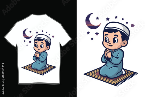 Ramadan Mubarak T-shirt Design with Cartoon Muslim Boy Praying and Mosque