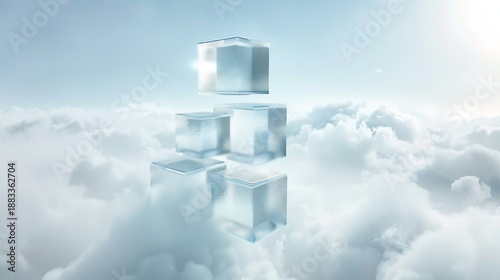 Floating transparent cubes amidst a fluffy cloudscape, evokes feelings of innovation and ethereal