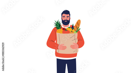 Friendly bearded man wearing a red sweater and holding a large paper bag full of fresh healthy fruits and vegetables.