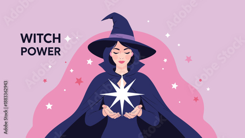 Beautiful young witch wearing a purple hat and cloak holding a bright glowing star against a starry pink background.