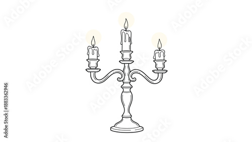 Ornate silver candelabra with three burning candles and melting wax provides classic elegance on a plain white background.