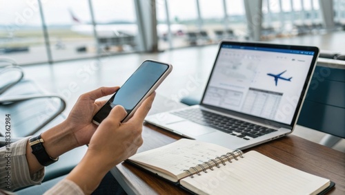 A person using a smartphone while working on a laptop at an airport, with an airplane visible in the background.