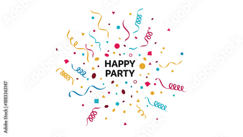 Festive design featuring the words happy party surrounded by a colorful explosion of confetti streamers and geometric shapes.