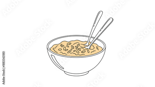 Simple bowl of warm oatmeal porridge with two metal spoons resting inside shown in a clean line art style with color.