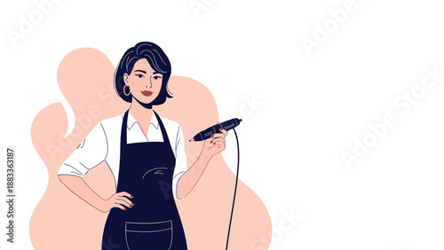 Illustration of a confident professional woman wearing a dark apron and holding a specialized electronic handheld device.