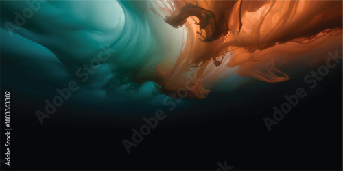 Abstract Orange and Teal Ink Cloud Against Black Background