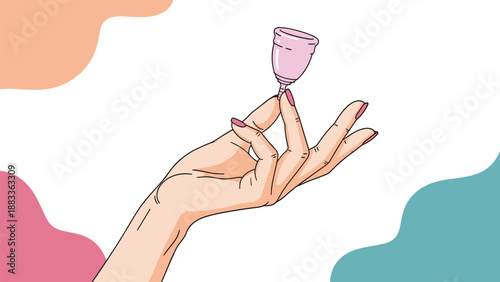Woman's hand holding a pink silicone menstrual cup against a modern abstract background with colorful pastel shapes.