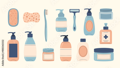 Collection of bathroom essentials and personal care items including soap, toothbrush, razor, lotions, and skin care creams.