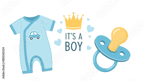 Baby shower themed illustration for a boy featuring a blue onesie, a pacifier, a gold crown, and decorative blue hearts.
