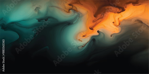 Vibrant teal and soft orange inks dynamically swirl and blend in clear water, forming an exquisite abstract fluid motion, perfect for serene backgrounds and artistic designs.