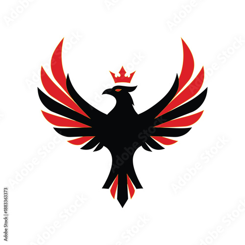 Majestic black bird with red accents and crown soaring high in mid-air, symbolizing power and freedom