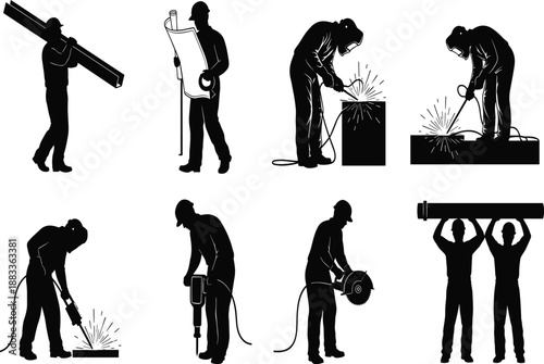 Construction workers silhouettes, welding, carrying metal, drilling, cutting, heavy labor, industrial job site, teamwork, building work, safety gear, tools