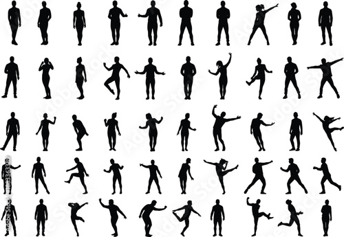Collection of human silhouettes in various standing and dynamic poses, ideal for design, animation, motion study, and creative projects.