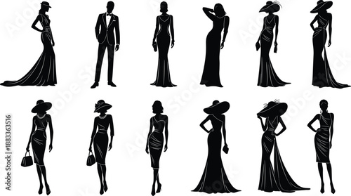 Elegant silhouettes, formal fashion, vintage style, women in dresses, man in tuxedo, classic poses, retro elegance, black and white illustration