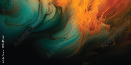 Abstract colorful fractal background featuring swirling blue smoke and fire waves in a smooth motion design with dark energy patterns and flowing light curves on a black backdrop illustration