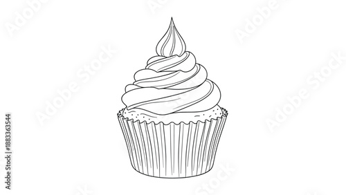 Detailed black and white line art illustration of a delicious cupcake with a high swirl of whipped cream frosting.
