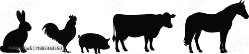 Farm animal silhouette set including rabbit, rooster, pig, cow, and horse, domestic livestock icons for rural, agriculture, and vector design