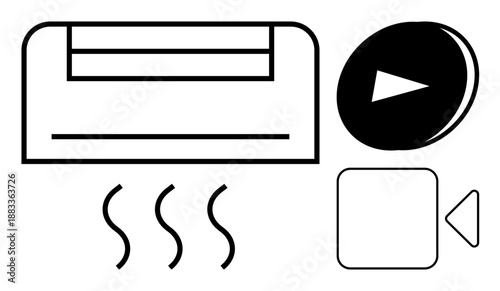 Home appliances, technology usage, media control, climate comfort, video streaming, sustainable living. Air conditioner, media play and video camera icons in a minimalistic style. Climate comfort