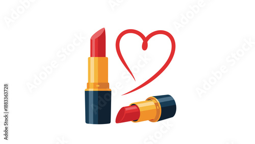 Two tubes of classic red lipstick with one standing and one lying down next to a simple red heart outline on a clean white background.