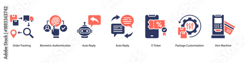 Secure Digital Access web banner icon vector illustration featuring Order Tracking, Biometric Authentication, Auto Reply, Auto Reply, E Ticket, Package Customization, and Atm Machine.