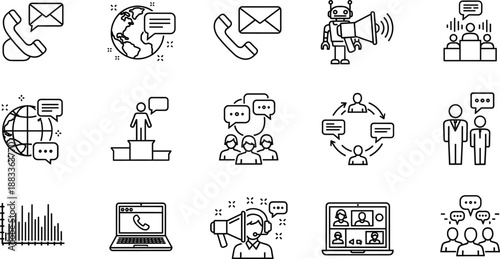 Business communication and customer support line icon set featuring global networking, online meetings, call center service, and team collaboration symbols.