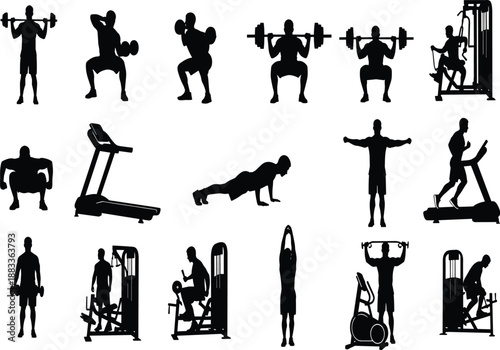 Gym workout silhouette, fitness exercise, barbell training, treadmill running, push-up pose, cable machine, vector illustration, black figure, isolated, health