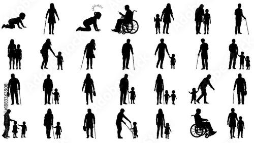 Collection of black silhouettes of people and pets in various poses and settings