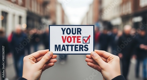 Person holding a sign that reads 'Your Vote Matters' in front of people walking down a street