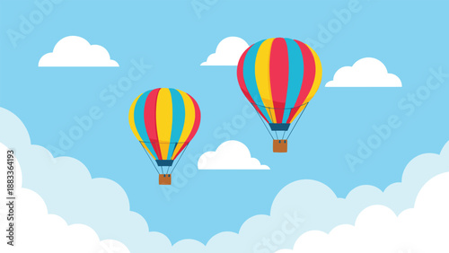 Two colorful striped hot air balloons floating peacefully among white fluffy clouds in a bright blue summer sky for travel and adventure.