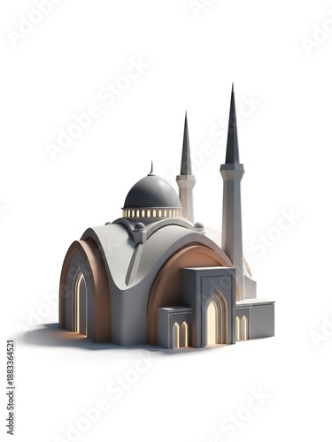 Modern 3D mosque illustration with sleek architecture and minarets