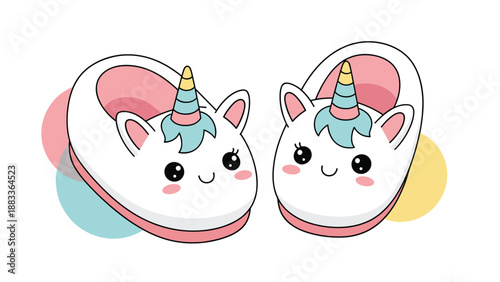 Pair of cute white unicorn slippers with pink soles colorful horns and happy faces on a decorative pastel circle background.