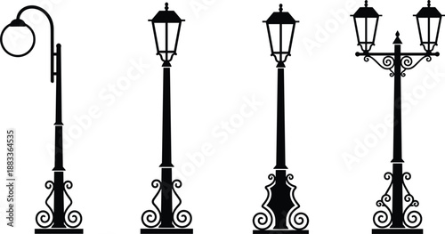 Decorative vintage street lamp silhouette collection featuring ornate scrolled bases and classic lantern heads for historical urban architecture.