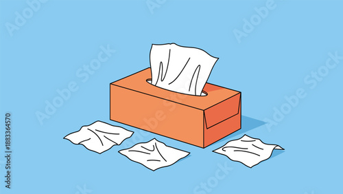 Orange cardboard tissue box with several white paper tissues scattered around it against a clear light blue background.