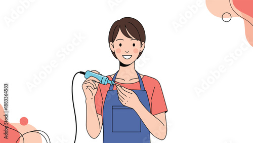 Smiling young woman wearing a blue apron holding a professional electric nail drill for manicure service on a creative background.