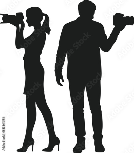 Photographer Silhouettes of Man and Woman Holding Cameras, Professional Photography, Studio or Outdoor Photo Session, Photographer Concept