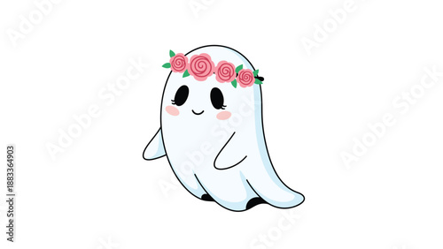 Friendly little ghost character wearing a pink rose flower crown standing on a white background for halloween fun.