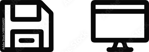 Minimalist Technology Icon Set with Floppy Disk Save Symbol and Computer Monitor Outline