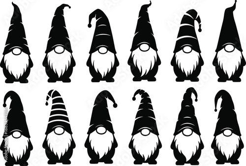 Black and white vector illustration of whimsical bearded gnomes wearing tall pointed hats, folklore characters, decorative seasonal holiday design elements