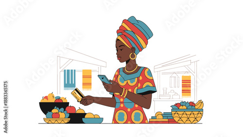 Woman in traditional African attire shopping with phone and credit card at colorful fruit market