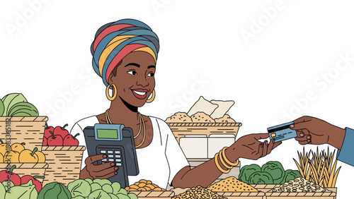 Smiling woman with colorful headwrap accepting payment at a vibrant market stall
