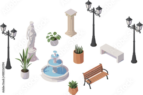 Isometric park garden decoration set with water fountain, classical statue, stone bench, street lamps, and potted plants for landscape design.