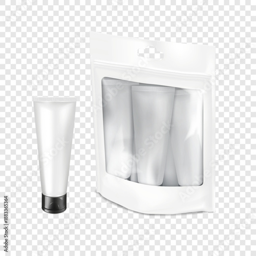 White euro hole hanging zipper bag with squeeze tubes inside. Realistic mockup. Collapsible tube set in zip stand-up pouch with clear window. Vector mock-up. Beauty product gift package. Template